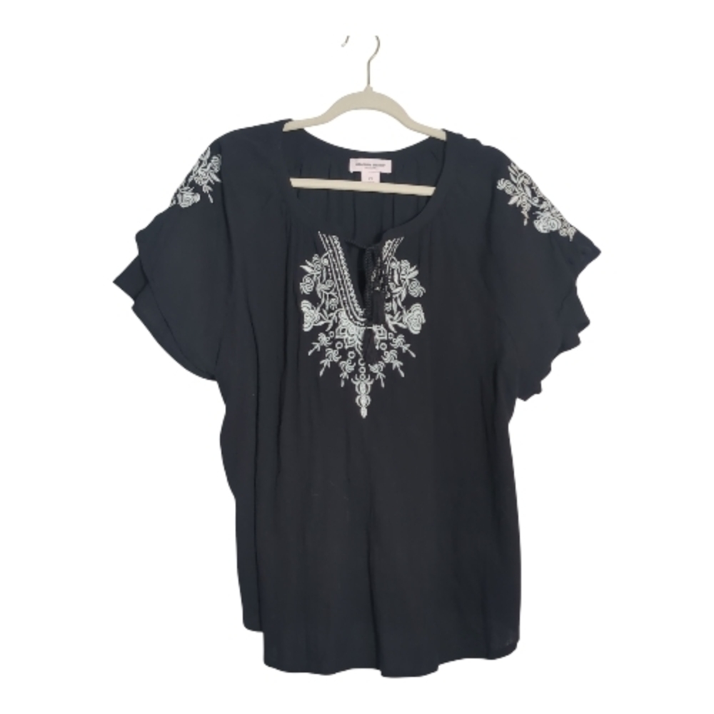 Allison Daley 2X Black With White Embroidery Blouse Tiered Bell Sleeves Boho